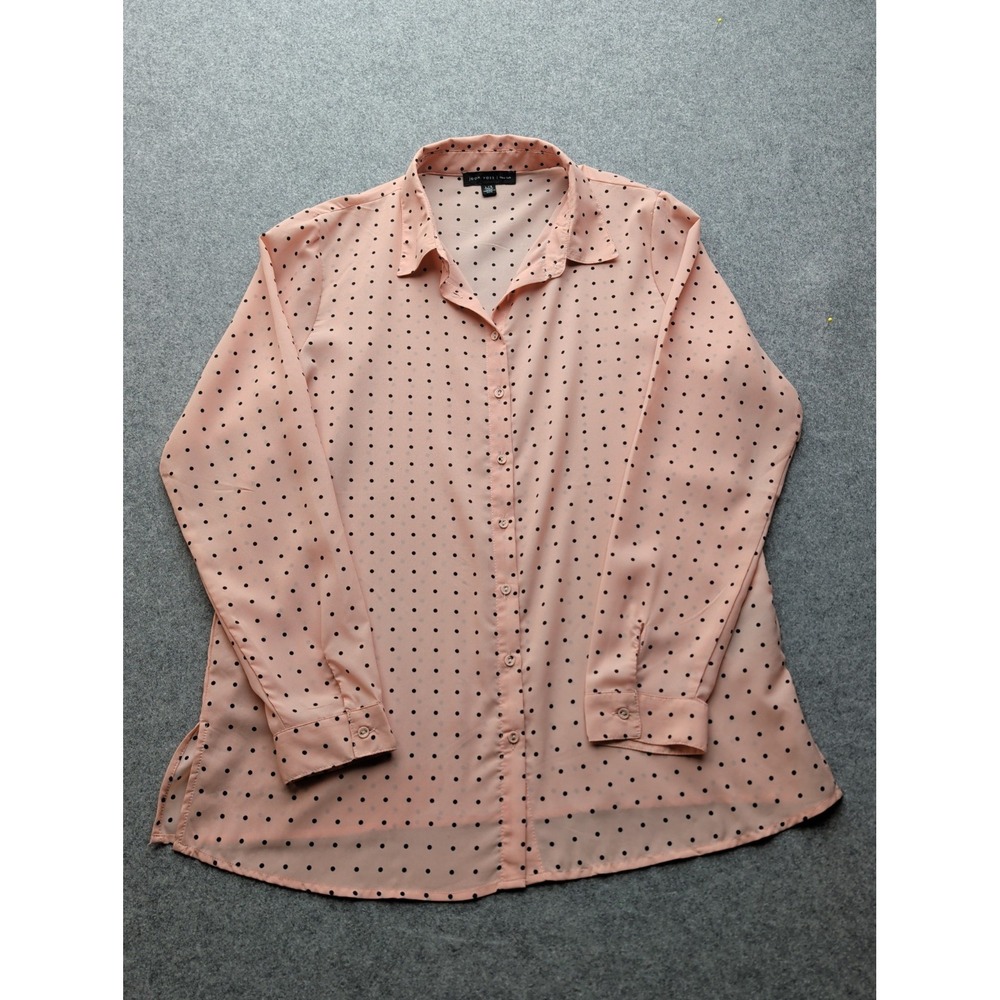 Joan Vass Semi Sheer Pink Polka Dot Women's Blouse Long Sleeve Collared Size L/G
